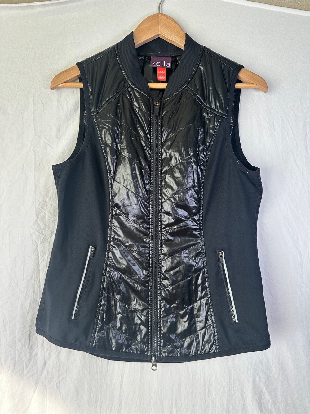 Zella Black Quilted Shine Front Zip Vest